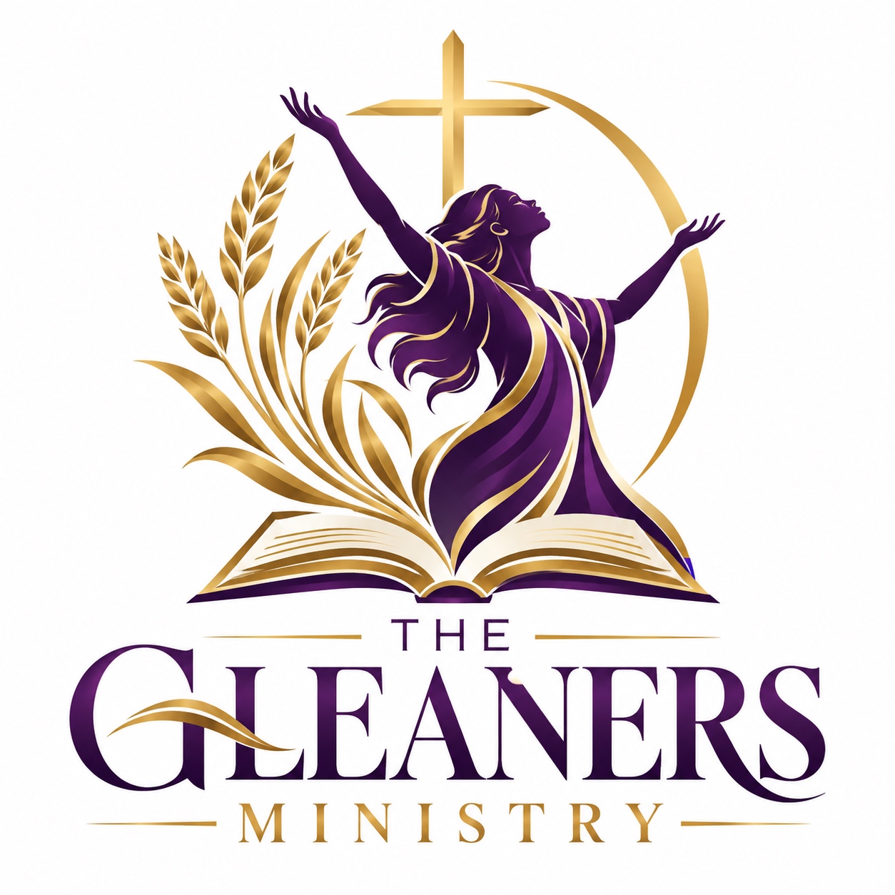 The Gleaners Ministry purple and gold logo, featuring a worshipping woman, cross, wheat and open Bible